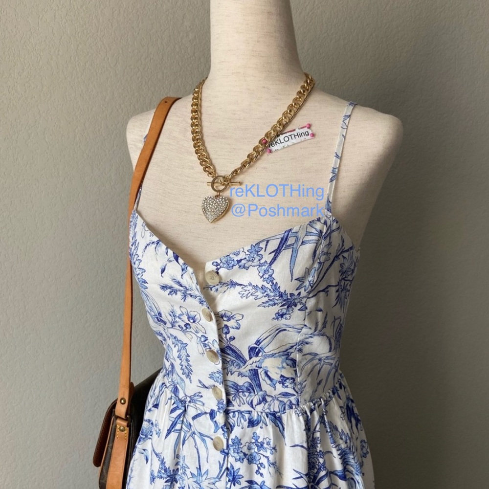 Linen Cotton Blend Floral Cream-Blue H&M DRESS